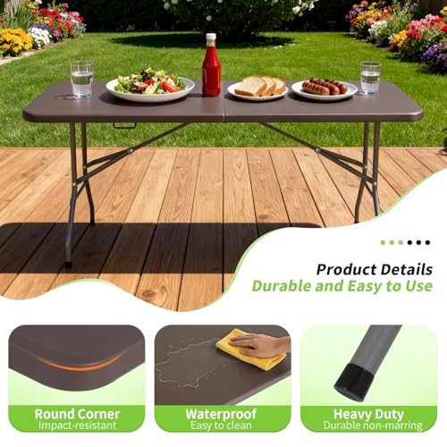 Image of BestOffice 6 FT Picnic Table, Portable Plastic Folding Table with Carrying Handle Perfect for Picnics, Parties, Party and Camping, Brown