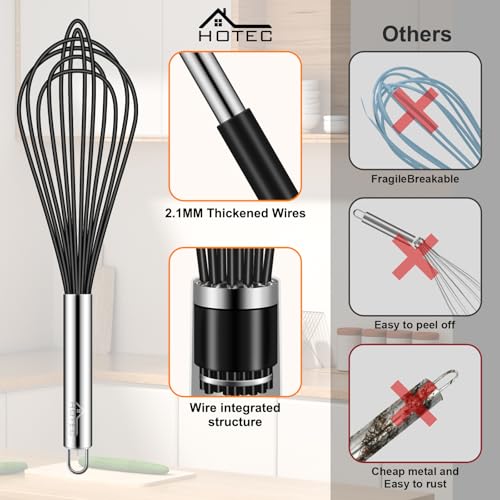 Image of HOTEC 4 Pieces Silicone Whisks Set, Wire Balloon Whisks for cooking Egg Beater, Non-slip Handle Whisk for Non-stick Cookware Perfect for Cooking, Stirring, Beating and Blending,Black