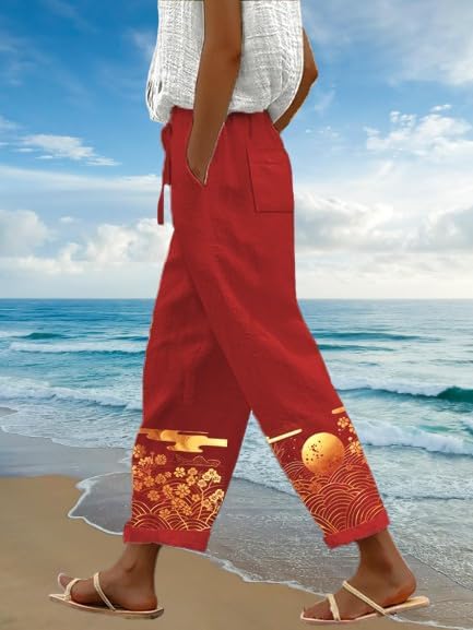 Womens Boho Graphic Casual Pants Loose Fit Elastic Waist Cotton Trouser Cropped Summer Trendy Wide Leg Pants - Image 2