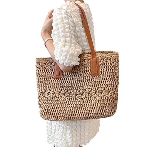 Sac épaule tissé de paille kaki grand format aux finitions soignées