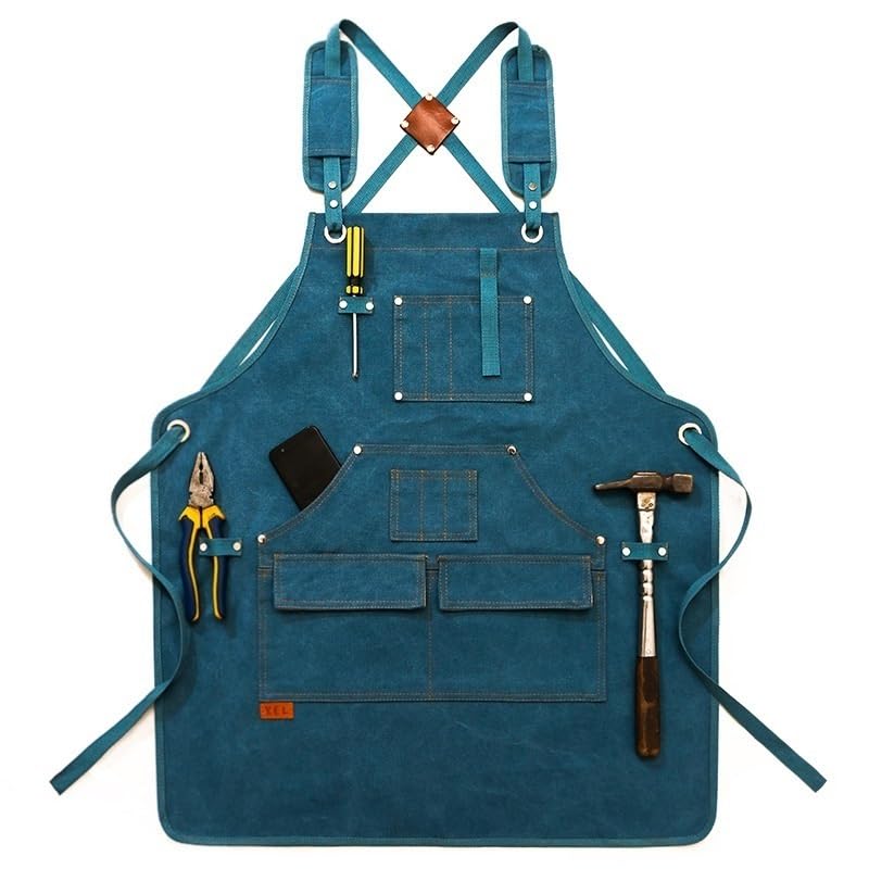 Delantal Soldador Delantal de Trabajo de Lona con Bolsillo for Herramientas, artículos duraderos, Correa Cruzada Resistente, Delantal Ajustable for Pintura de carpintería(Type B-Blue)