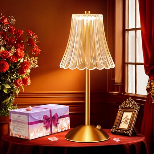 One Fire Vintage-Lampe, Blumenlampe, Geschenkpaket, niedliche Lampe, Kristalllampe, dimmbar, kleine Tischlampe, 3 Farben, Touch-Lampe, Geschenkpaket, Gold-Rosa