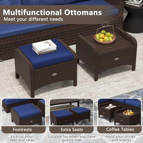 RELAX4LIFE Wicker Outdoor Ottomans for Patio - Set of 2 Rattan Footstools w/Removable Cushions, Multipurpose Outside Foot Rest, Side Table & Additional Seating for Porch Garden Backyard (Navy)