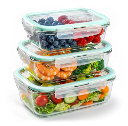 Toyzy Juego de tupper cristal 3 piezas, tupper cristal hermetico, Resistencia a altas temperaturas, capacidad precisa, sin BPA (1040 ml, 680 ml, 410 ml) tupper vidrio
