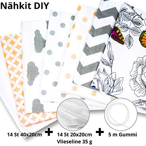 Amazinggirl Tissus Coton pour Couture 14 pièces 20 x 40 cm - Elastique Tissu au Metre Patchwork dans Un Ensemble avec Un Ruban Elastique et Molleton