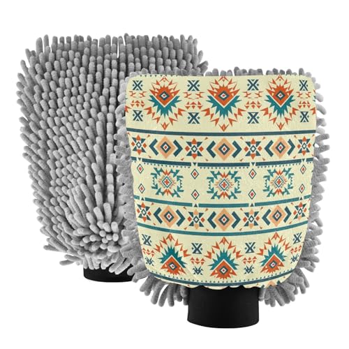 Flradish 2 Pack Vintage Ethnic Print Car Wash Mitt Chenille Microfiber Lint-Free Scratch Free Ultra-Soft Absorbent Car Wash Mitt 11.8x8.07 Inch