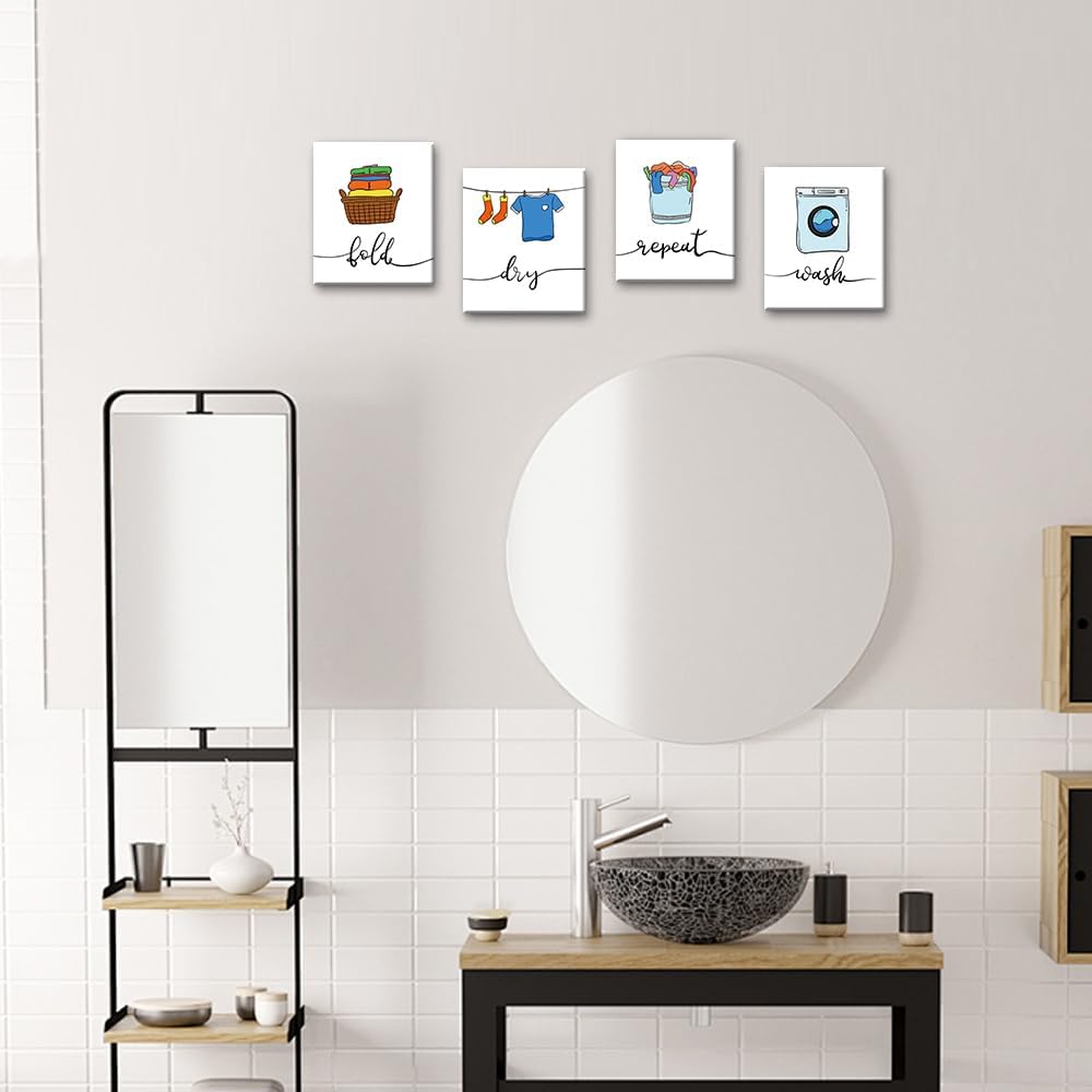 Watercolor Laundry Room Wall Art Canvas Prints,Funny Modern Home Bedroom Framed Art Posters Bathroom Wall Decor Set of 4(8"x10").