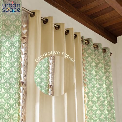 Image of Urban Space Printed 100% Cotton Curtains for Long Door, Combo Set of 3 Curtains 8 Feet, Tieback & Eyelets Included with Curtains for Home Decor (Amaya sage Green and Aura Beige, 8 Feet)