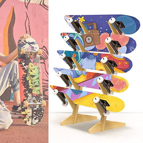 Free-Standing-Skateboard-Racks-Floor-Stand-5-Layer-Skateboard-HolderSnowboard-Storage-Rack-Wooden-Skateboard-Display-RackLongboard-Kids-Skateboard-Deck-Snowboard