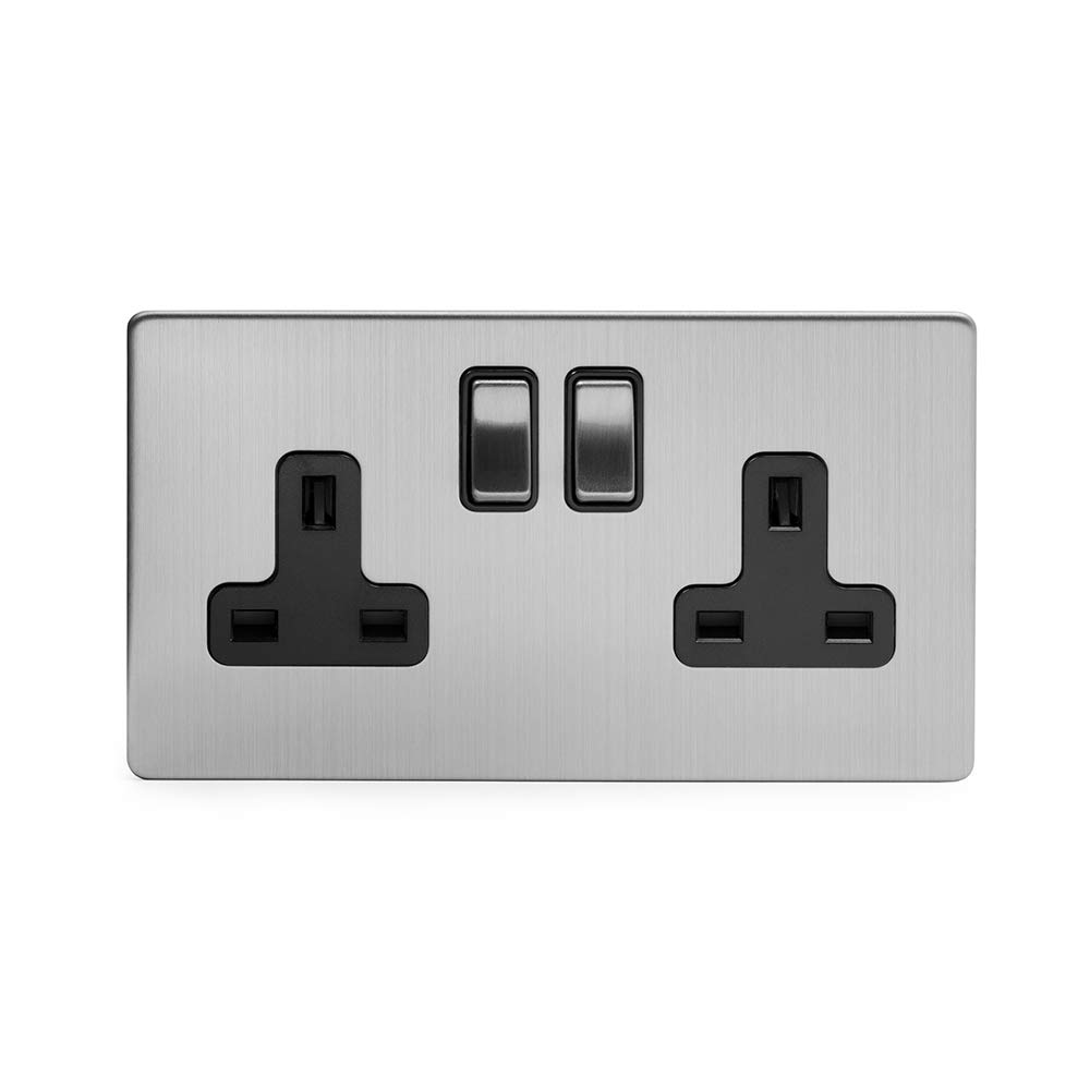 Brushed Chrome Socket with Black Insert - Screwless Faceplate (Black Insert, 2 Gang Double Plug Socket)