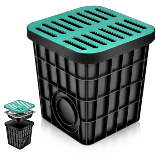 Large Drainage Catch Basin with Debris Basket, Durable 16x16x16 in French Drain Basin with Fiberglass Grate, No Reserved Hole for Yard, Patios, Downspouts, Lawns