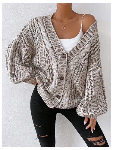Image of MakeMeChic Women's Oversized Chunky Cable Knit Cardigan Sweaters Button Front V Neck Lantern Sleeve Outerwear White and Brown Medium