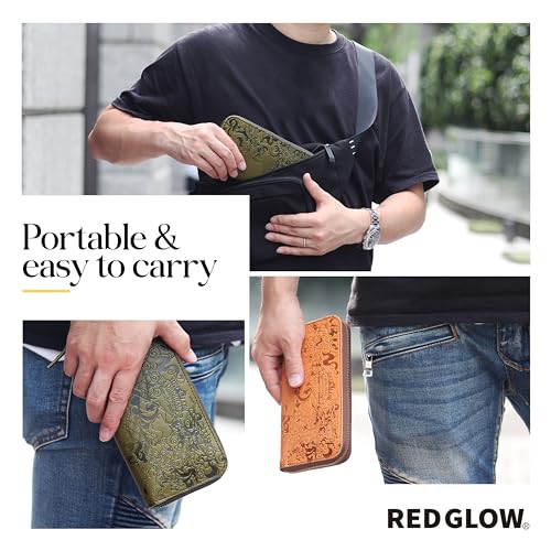 Red Glow RG-004 Men's Long Wallet, Made In Japan, Tochigi Leather, Genuine Leather, Round Zipper, Dragon Embossed, Japanese Pattern (Khaki)2