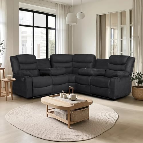 UR livingroom Recliner Sectional Sofa, Microfiber Manual Reclining Sectional Couch with Cup Holders, Living Room/Office (Black)