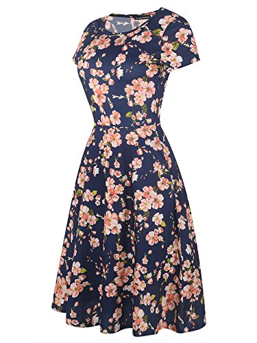 Image of oxiuly Women Casual Dress Round Neck Soft Cotton Floral A-Line Midi Summer Dresses with Pockets OX262