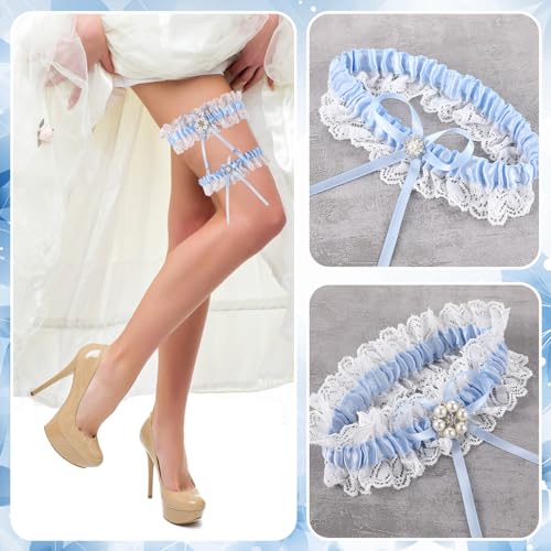 3 Pcs Bride Blue Garter Wedding Gift Includes 2 Pcs Blue Wedding Garters for Bride and 1 Piece for Your Happy Tears Handkerchief for Daughter Women3