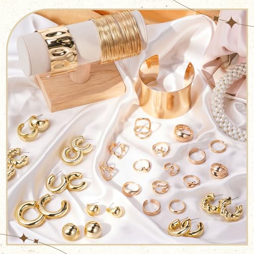 Tondiamo 27 Pcs Chunky Gold Jewelry Set for Women with Cuff Bangle Bracelets, Hoop Earrings and Stackable Knuckle Rings Accessories Non Tarnish Gold Plated Chunky Bracelets Earrings Rings Gifts by Tondiamo - Used condition - Image 4