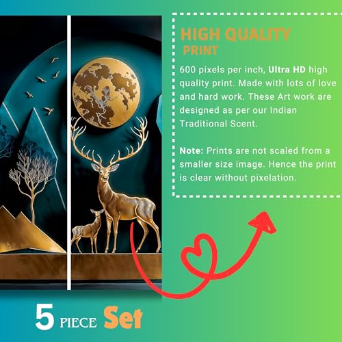 Image of Vastu Golden Deer with Moon Wall Painting Set of 5 | MDF Wall Art with Sparkle Laminated Finish | Big Size Wall Painting for Living Room & Bedroom | Elegant Wall Decor for Home & Office