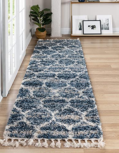 Rugs.com Athena Shag Collection Rug – 2' 2 x 6' Runner Blue Shag Rug Perfect for Hallways, Entryways