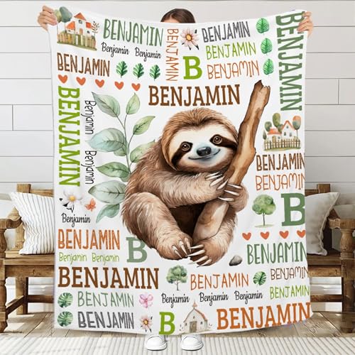Personalized Sloth Blanket for Girls & Boys - Custom Name Swaddle - Toddler, Infant, Newborn, Stroller, Crib, Gift, 30