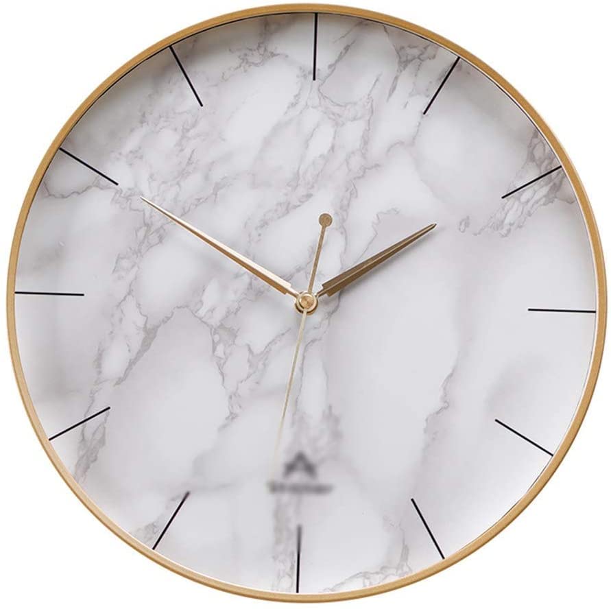 Horloge murale silencieuse à quartz motif marbre et cadre métal pour maison