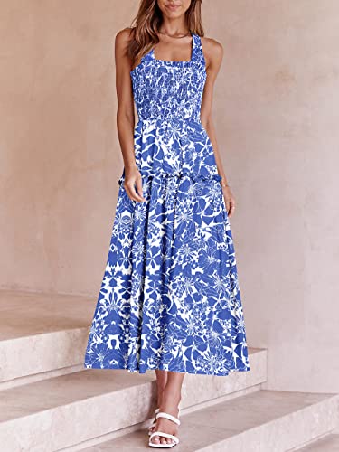 Prettygarden Women's 2023 Summer Maxi Dress Halter Neck Backless Ruffle Smocked Casual Long Flowy Boho Dresses (White Blue Floral,Medium) #TOP13