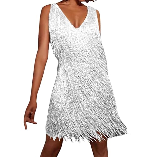 pvucpot Robe à Paillettes Samba Tango Latin Robe avec Gland 1920 Party Club Robe de Danse sans Manches Bretelles Spaghetti Dos Nu Glitter Party Mini-Robe Costume de...