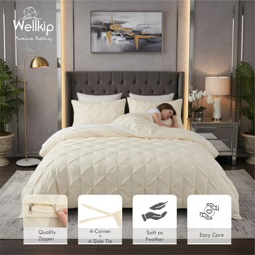 Image of Pinch Pleated Duvet Cover Set 1000TC 100% Cotton Premium 3-Pieces 1-Duvet Cover & 2-Pillow Cover Luxury Look Home and Hotel Zipper & 8-Tie Closure (Ivory, Double 90 X 100 Inch)