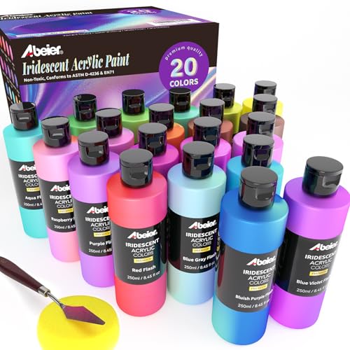 ABEIER Iridescent Acrylic Paint Set of 20 Chameleon Colors 8.45 oz/250ml Large Bulk Bottles Color-shifting Non-Toxic High Viscosity Blendable Paints on Rocks Crafts Canvas Wood Fabric Ceramic & Stone