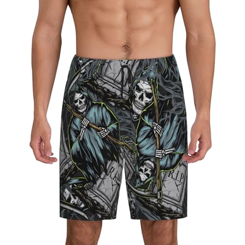 VOSERY Grim Reaper Tombstones Pattern Mens Pajama Shorts - Soft Mens Lounge Pajama Bottoms Sleep Shorts with Pockets