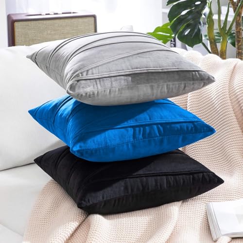 Image of Khooti Velvet Striped Cushion Cover Pack of 1-22 inchX22 inch /55.88X55.88 Cm | Bondi Blue | Soft Pillow Covers Cushion Case for Sofa Bedroom Living Room Chair Car, Cushion Cover with Zig Zag Pattern