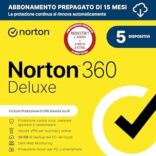 Norton 360 Deluxe 2026| Antivirus 5 dispositivi|15 mesi rinnovo automatico|Digital Download