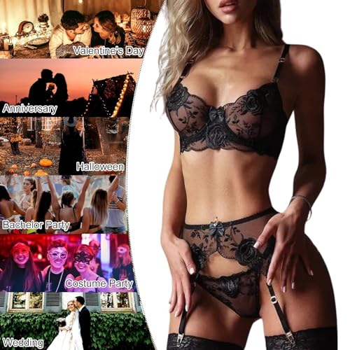 Ensemble Lingerie Sexy Brodé Dentelle Florale Femme avec Porte-Jarretelles 3 Pièces Soutien-Gorge Armatures Culotte Taille Haute Maille Transparente Col V Nuisette Coquine Bretelles sous-Vêtements – Image 5