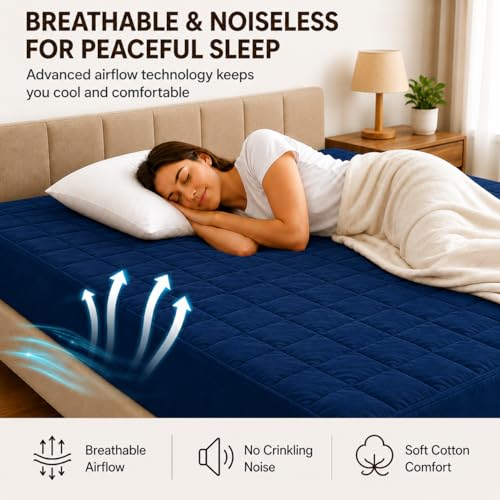 Image of RESTIFY 100% Waterproof Quilted Queen XL Size Mattress Protector 78x60 Inch 6.5x5 Ft Fits Upto 10 Inch Mattress | Premium Cotton Breathable Bed Protector | Mattress Cover for Double Bed |Dark Blue