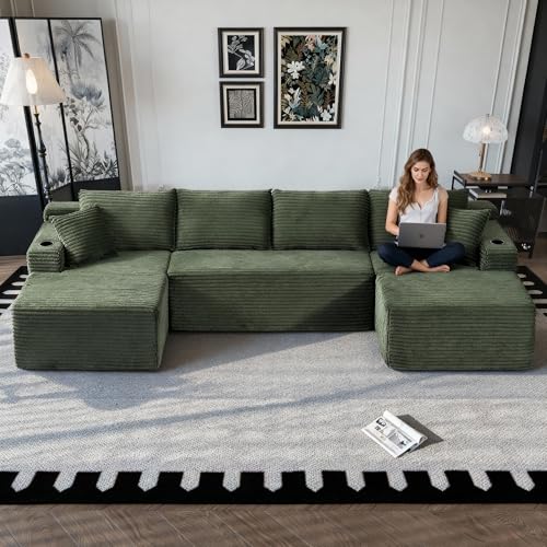 Image of Oversized Cloud Boneless Couch with Chaise, Modern Modular Sofa with Deep Seat, Corduroy Upholstered U Shaped Couch for Living Room, No Assembly Required (Green)