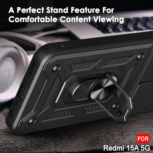 Image of TheGiftKart Tough Armor Bumper Back Cover Case for Mi Redmi 15A 5G | Kickstand & Ring Holder | 360 Degree Protection Back Cover Case for Redmi 15A 5G (PC & TPU, Sliding Camera Cover, Black)