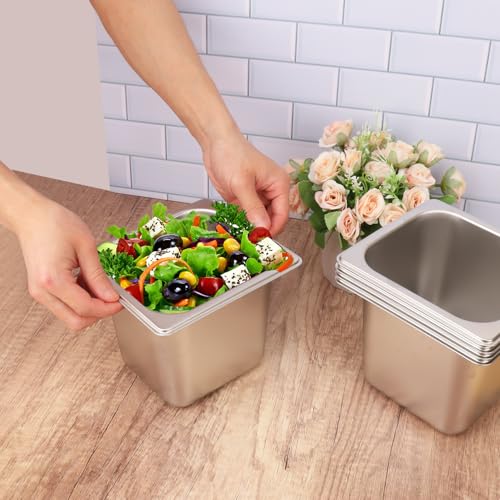 Image of 5 Pack, 1 /6 Size Stainless Steel Steam Table Pan with Lid, 6 Inch Depth Hotel Pans for Weddings, Parties, Restaurants, Cafeterias and Hotels