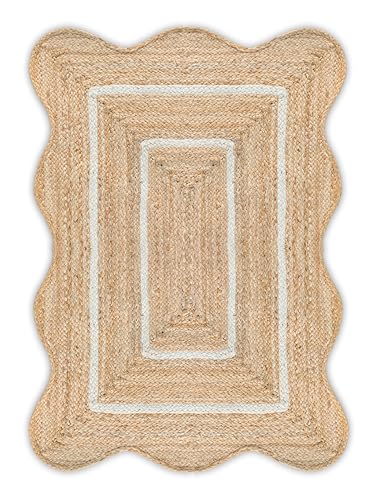 Weaving Village Wave Scalloped Natural Jute Rug Boho Jute Rug Entryway Runner Rug Farmhouse Scallop Rug, Off White (2'x3')