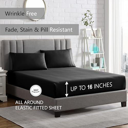 American Home Collection Queen Size Sheet Set - 16-Inch Deep Pocket - Ultra Soft Microfiber Bed Sheets - Breathable, Wrinkle and Fade Resistant, Easy Care - 4 Piece Set (Queen, Black)