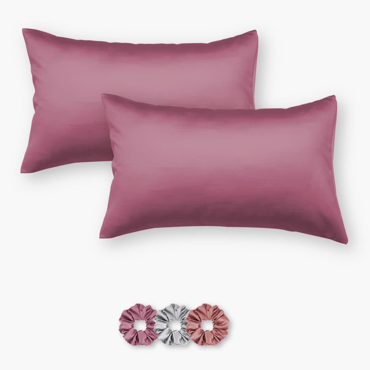 SEEVO 400 TC Luxurious Satin Silk Pillow Covers/Pillowcases with Envelope Closure, Soft Comfortable Protects Hair and Skin - 17 inch x 27 inch - Set of 2 with 3 Satin Schrunchies (Maroon)