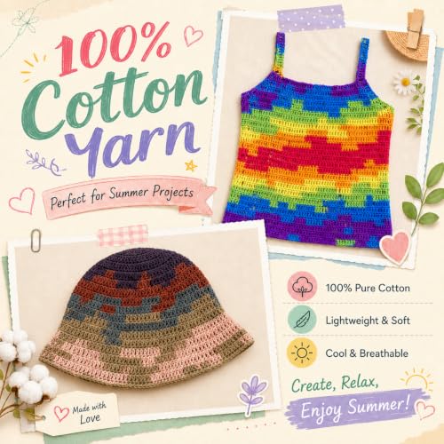 Image of Katech 1OO% Variegated Cotton Yarn for Crocheting-2 Sport Weight Baby Yarns | 6*50g(1.76oz) /160m(175yd)-Soft & Breathable, Pure Cotton Yarn Bulk-Fine Multicolor Yarns for Summer Clothes, Shawls, Dress(E)