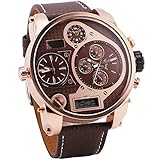 OULM Rose Golden Case Men Digital Quartz Watch Sub-dials Brown Leather Strap Super Size Japan 3 Time Zone Display Movement + Box