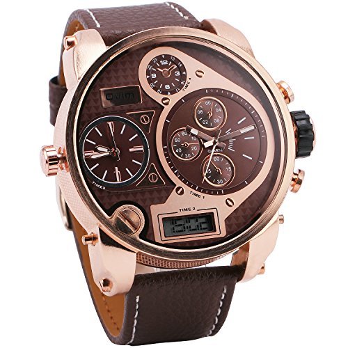 OULM Rose Golden Case Men Digital Quartz Watch Sub-dials Brown Leather Strap Super Size Japan 3 Time Zone Display Movement + Box
