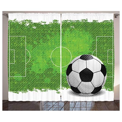 ABAKUHAUS Fútbol Cortinas, Diseño del fútbol de Grunge, Sala de Estar Dormitorio Cortinas Ventana Set de Dos Paños, 280 x 175 cm, Verde Negro Blanco
