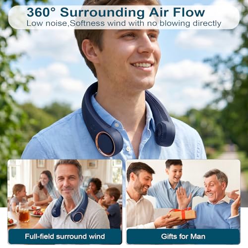 Image of CIVPOWER Portable Neck Fan,Hands Free Bladeless Fan,Cooling Personal Fan,3 Speeds Adjustment,78 Air Outlet,Headphone Design,Rechargeable, USB Powered Neck Fan for Outdoor Indoor-Dark Blue