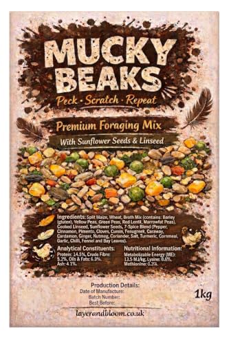 1kg Mucky Beaks Poultry Feed - Premium Foraging Mix with Sunflower Hearts & Linseed