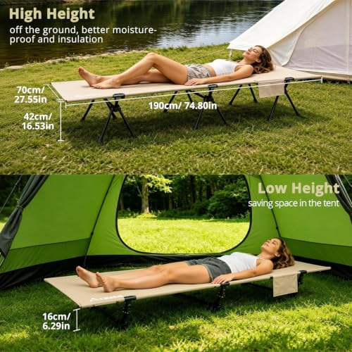 Image of Anbte Height Adjustable Camping Cot with Storage Net, Support 400lbs, Brown | Comfortable Portable Cots for Adult, for Camping Hiking Travel Truck Beach Office Nap, With Storage Bag