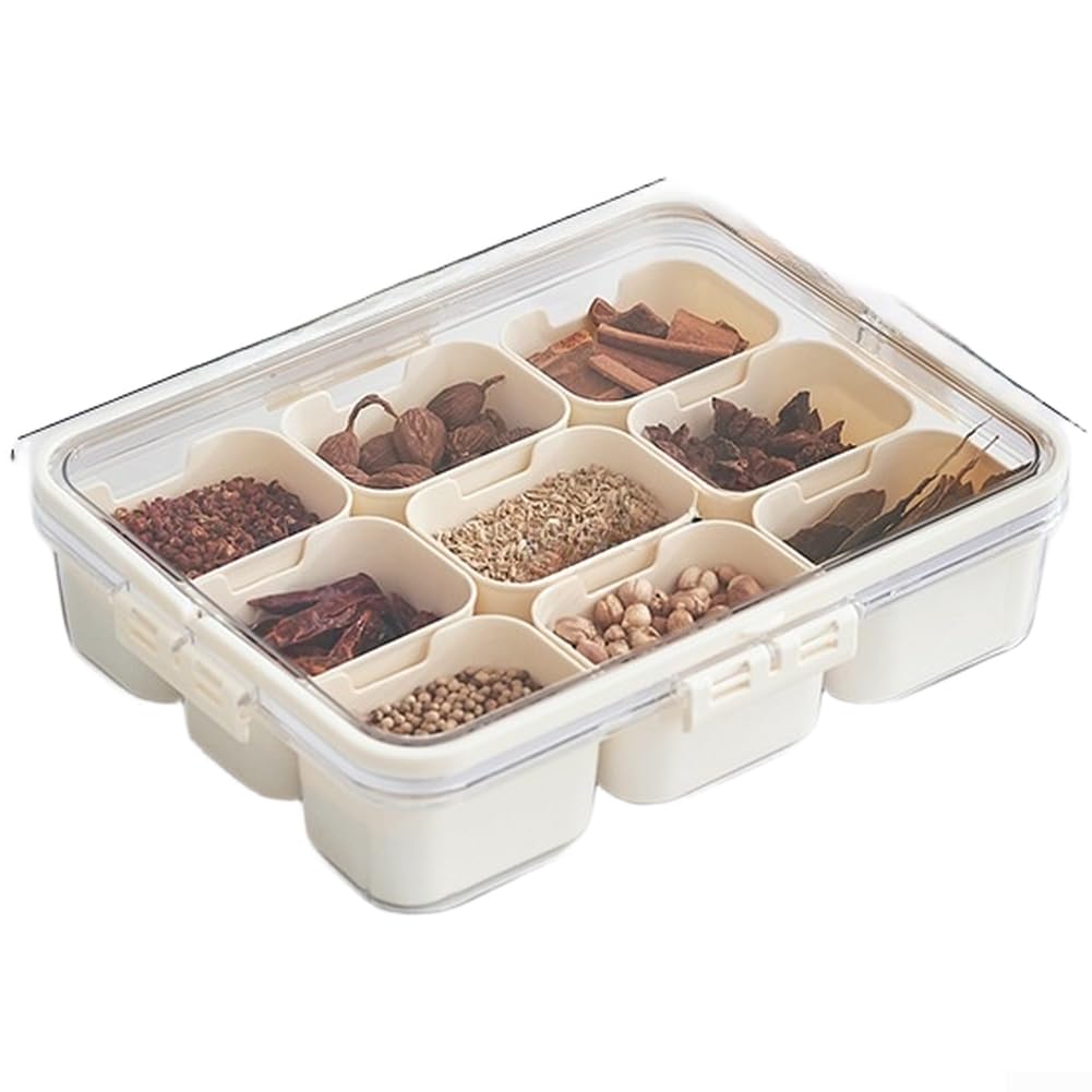 9 Compartment Airtight Spice Storage Box, Safe PP+PET Kitchen Organizer with Sealed Lid for Herbs Detachable Design for Quick Washing Concealed Handle for Portability, Cream White Finish(Creamy White)