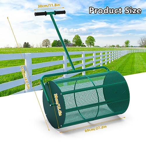 HIDALIFE Compost Spreader Roller,24In Peat Moss Spreader, Drop Fertilizer Grass Seed Spreader with Upgrade T Handle, Lightweight Metal Mesh Spreader Lawn & Garden Tool, Green