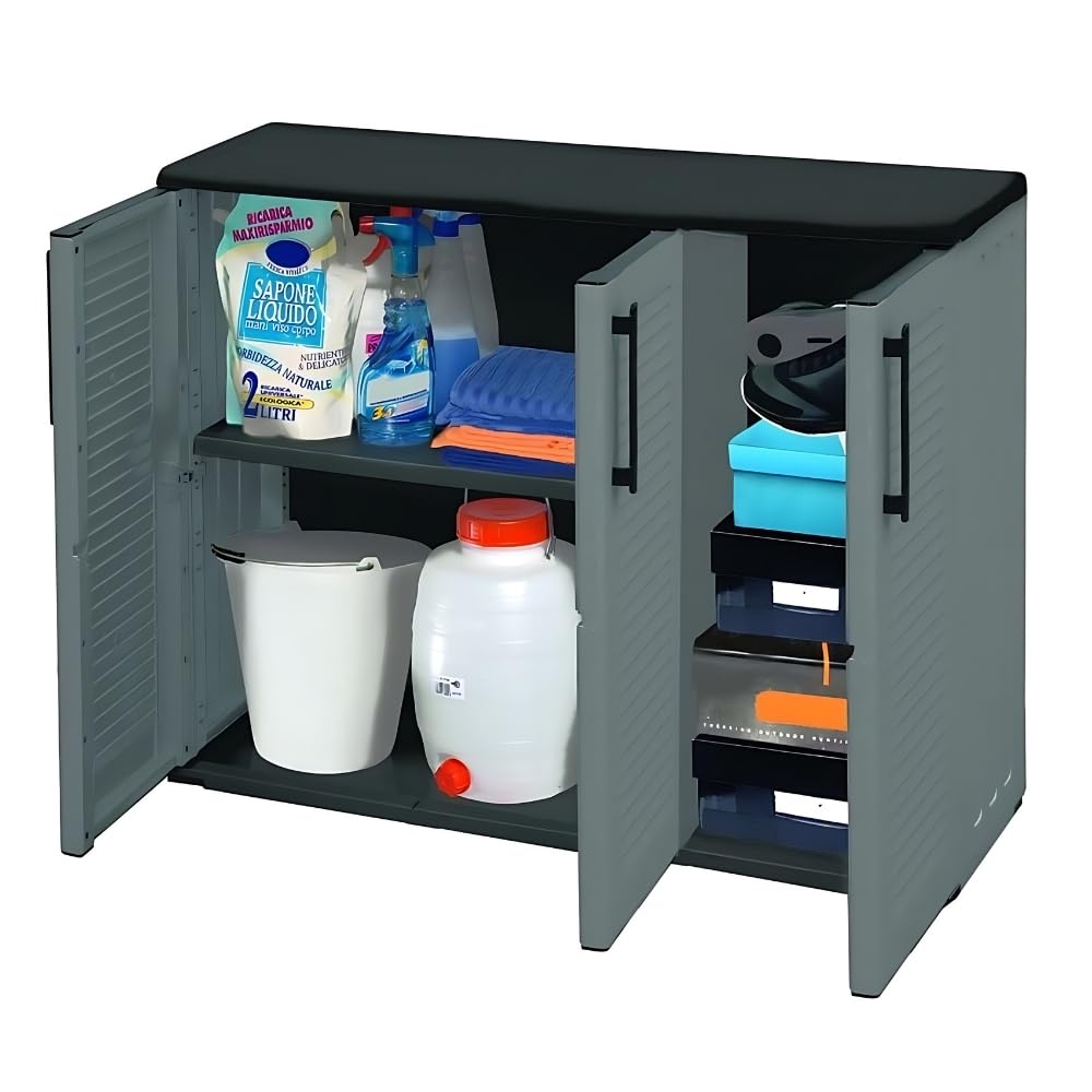 GarPet Gartenschrank 3-türig Wetterfest Outdoor Schrank Kunststoff Mehrzweckschrank Aufbewahrungsschrank Allzweckschrank Balkonschrank Haushaltsschrank Terrassenschrank Halbhoch